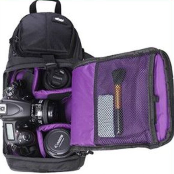 NWT Sling Camera Backpack QIPI Black with Purple Interior - Picture 2 of 15